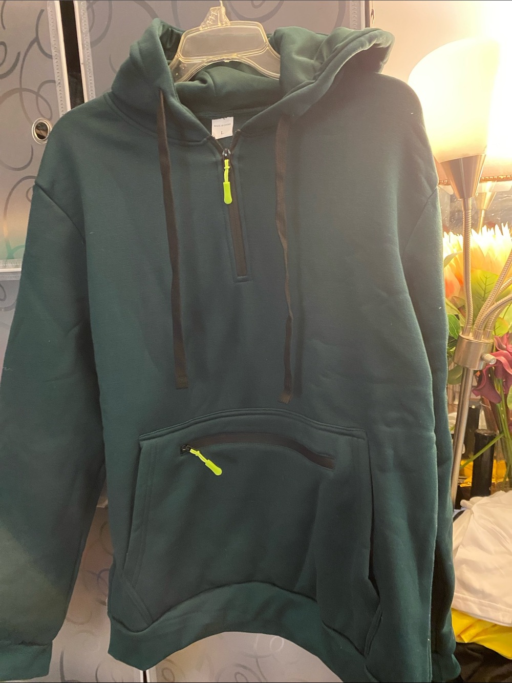 Men's Dark Green Hooded Pullover Sweatshirt with Zip Pocket